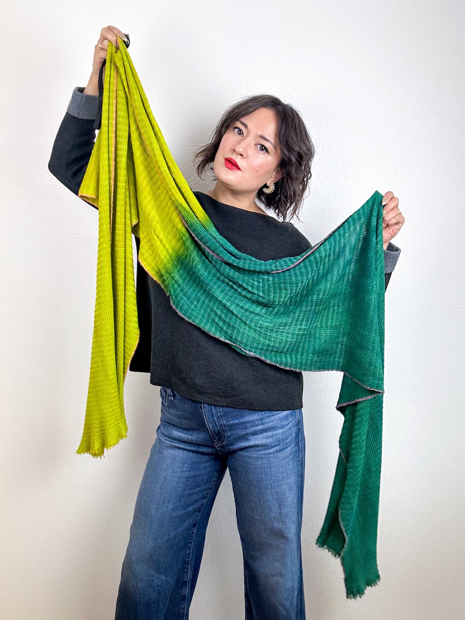 Hand-Dyed Two Tone Knit Scarf Forest Chartreuse