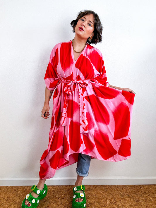 Hand-Dyed High Low Kimono Pink Scarlet Brush