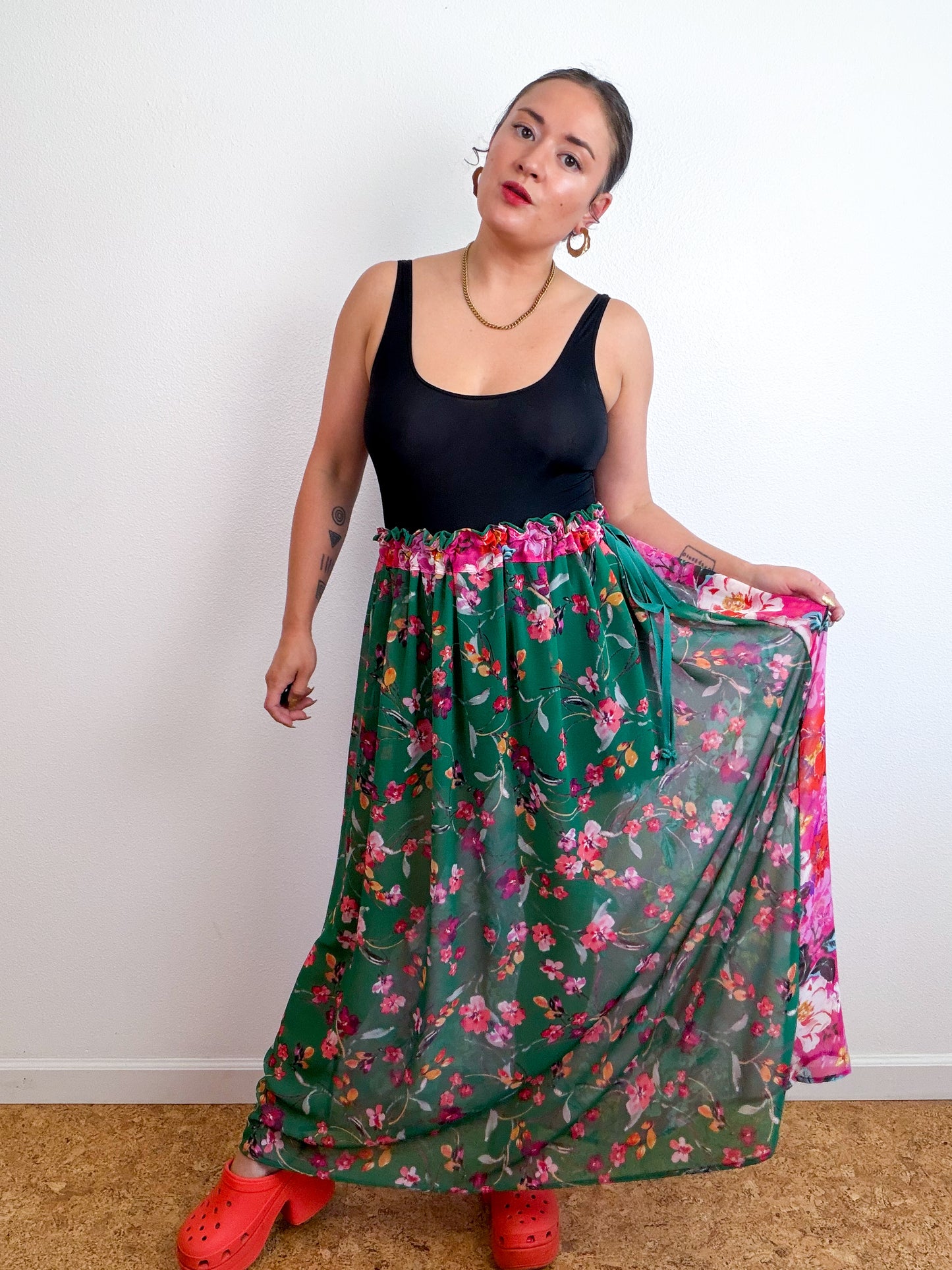 THE SKIRT Pink Green Floral Reversible Chiffon
