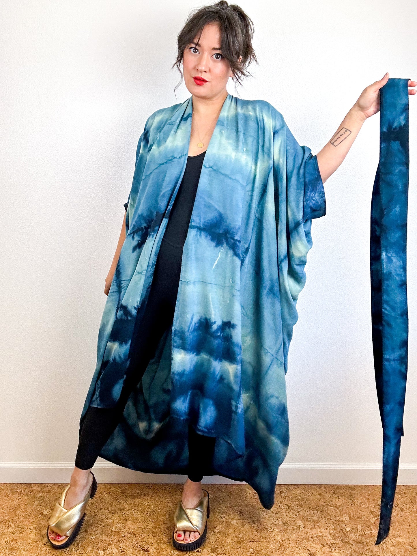 Hand-Dyed High Low Kimono Teal Watercolor