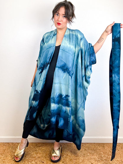Hand-Dyed High Low Kimono Teal Watercolor