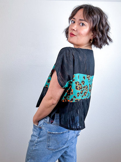 Scrappy Crop Green Leopard Black Chiffon