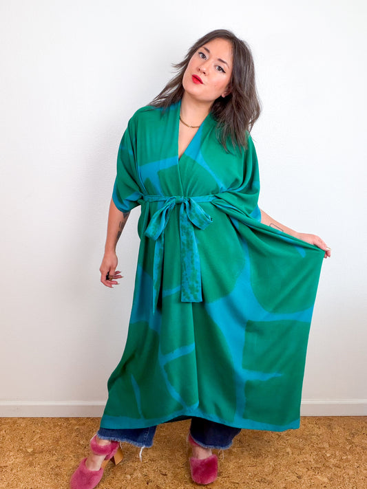 Hand-Dyed High Low Kimono Turquoise Green Arc