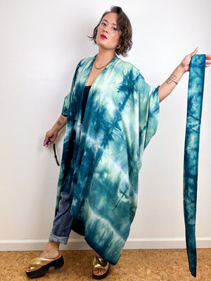 Hand-Dyed High Low Kimono Soft Teal Lines