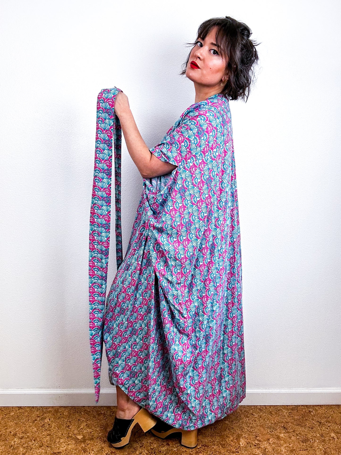 Print High Low Kimono Pink Turquoise Challis