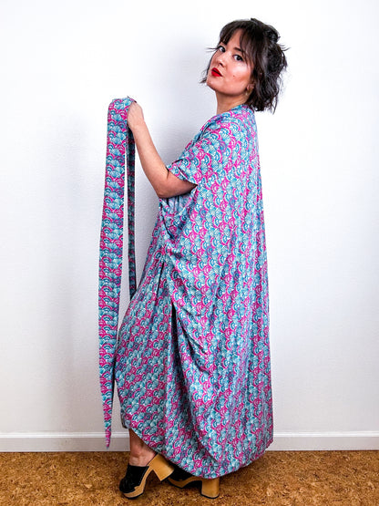 Print High Low Kimono Pink Turquoise Challis