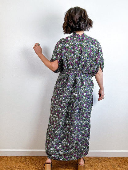 Print High Low Kimono Black Purple Mini Floral Crepe de Chine