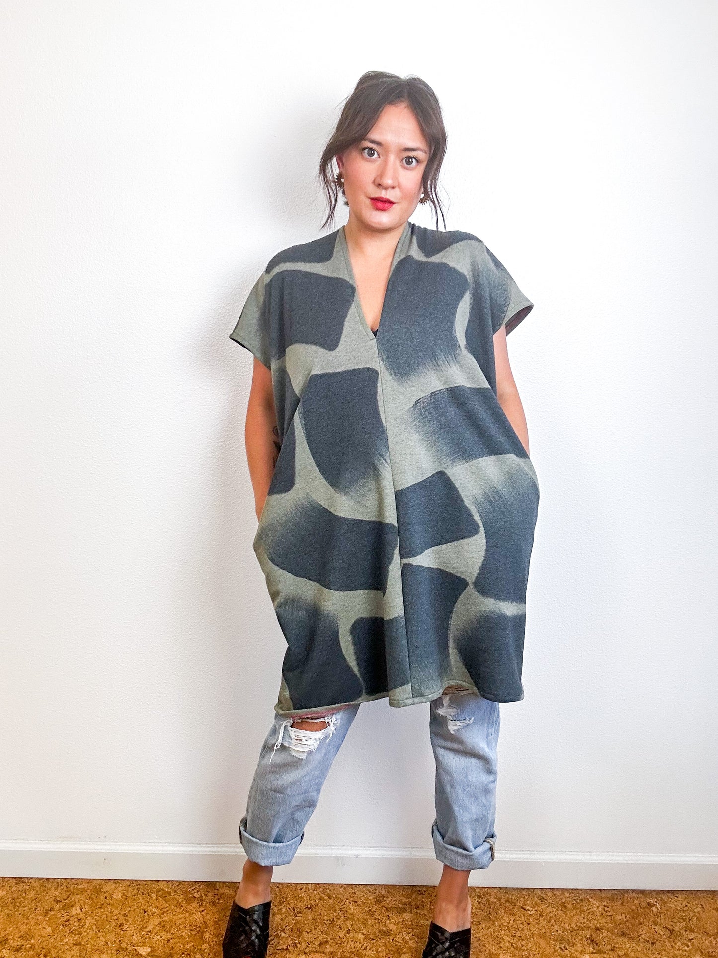Hand-Dyed Mini Sweatshirt Smock Dress Sage Brushtroke