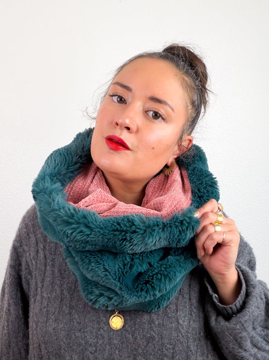 Faux Fur Cowl Scarf Teal Rose