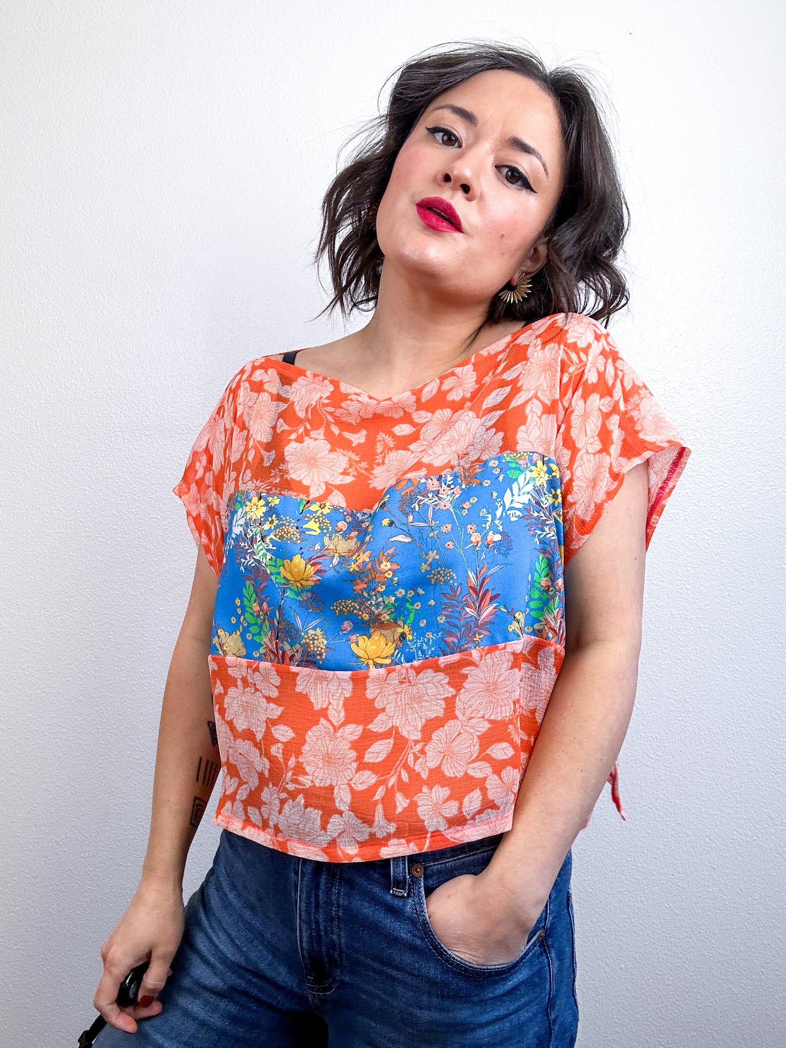 Scrappy Crop Orange Pink Turquoise Floral