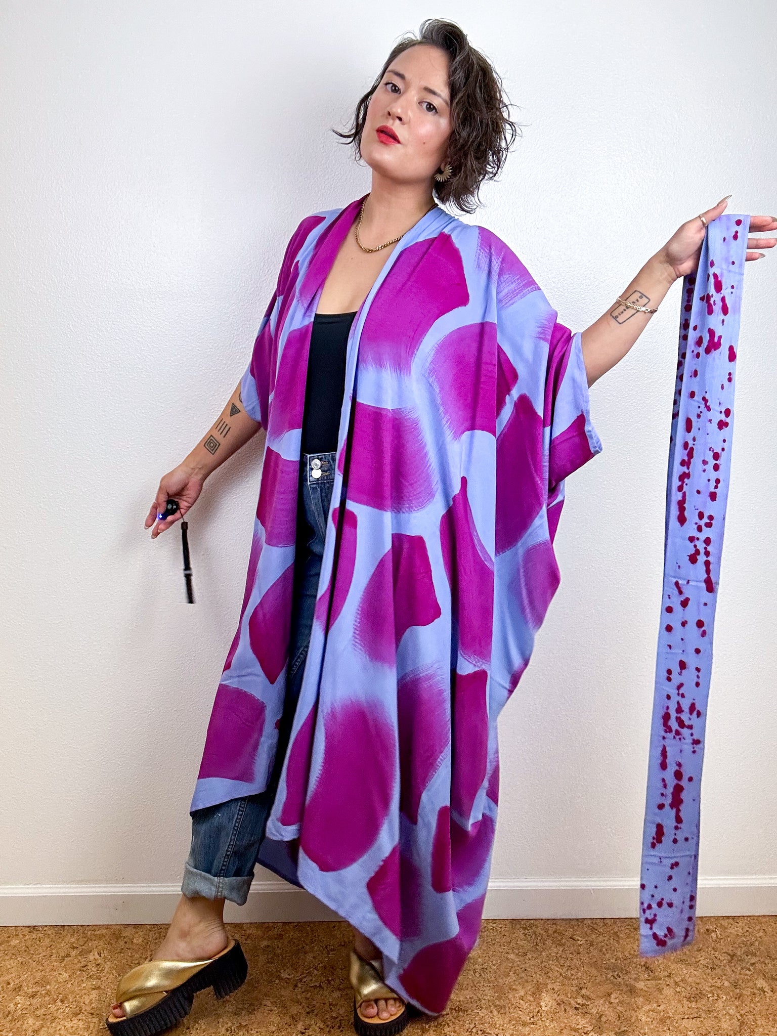 Hand-Dyed High Low Kimono Blue Amethyst Brush