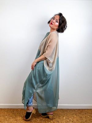 SILK Color Block Midi Caftan Dress Fawn Sage