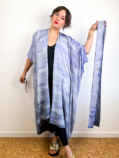 Hand-Dyed High Low Kimono Wisteria Grey Watercolor