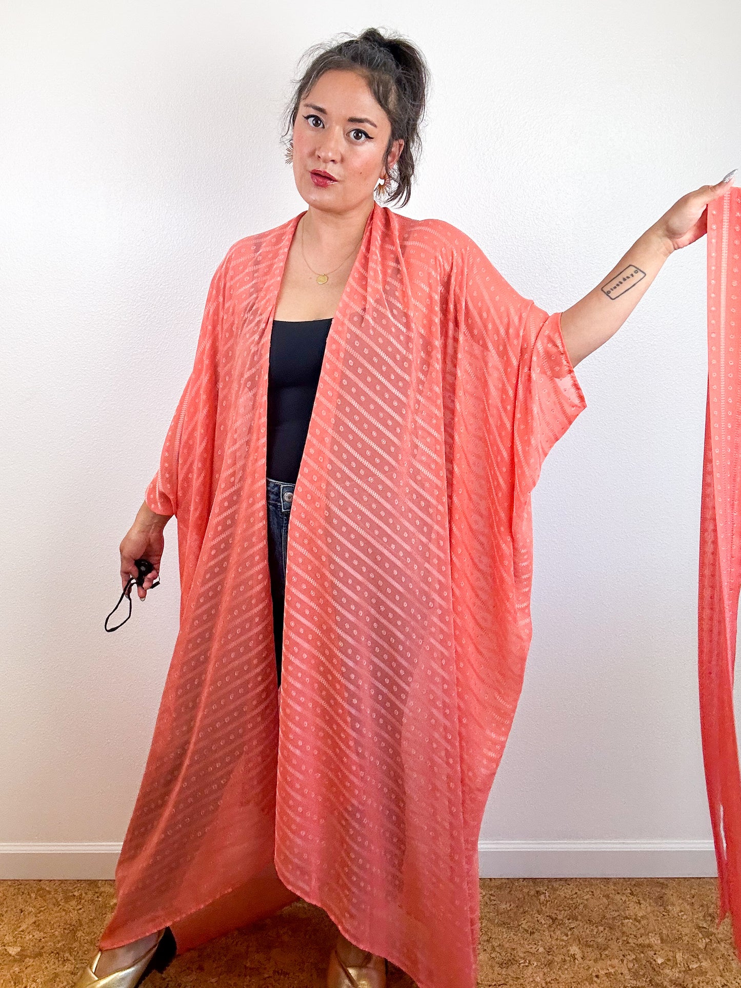 Print High Low Kimono Coral Dots Stripes Chiffon