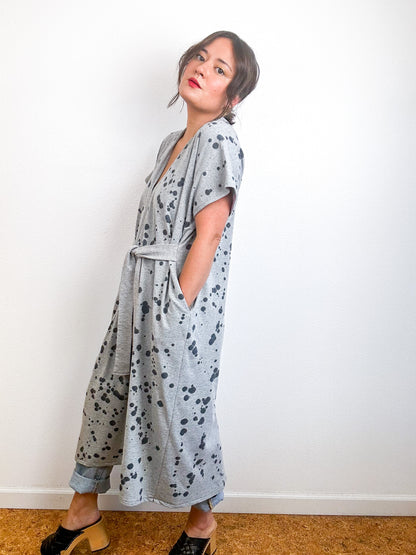 Hand-Dyed Midi Sweatshirt Tie Dress Grey Black Droplets