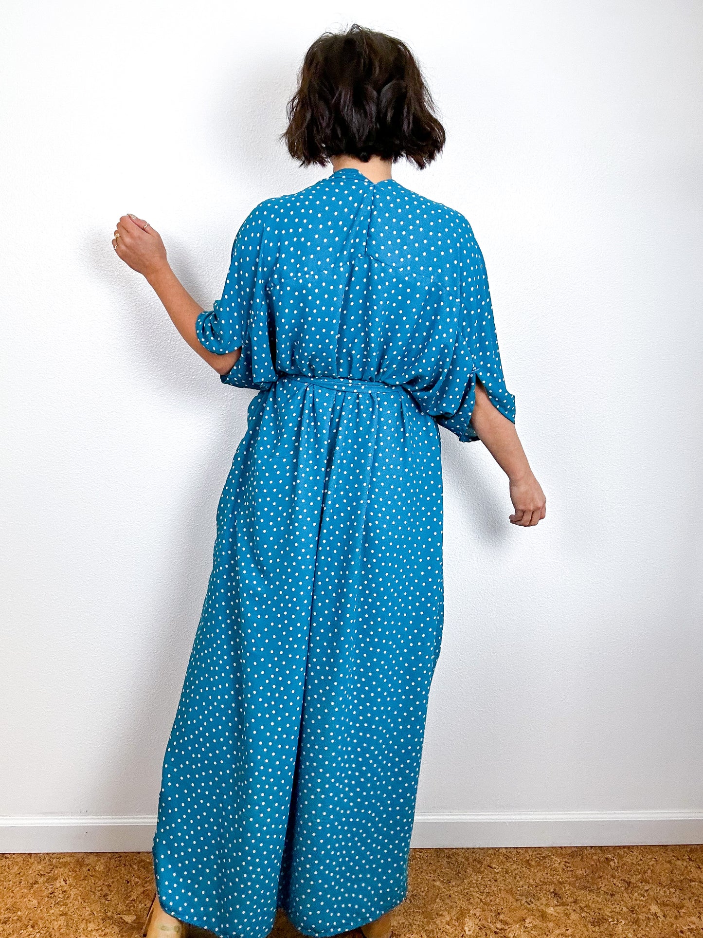Print High Low Kimono Turquoise Dots Georgette