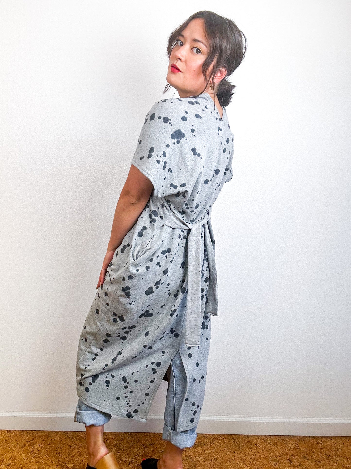 Hand-Dyed Midi Sweatshirt Tie Dress Grey Black Droplets