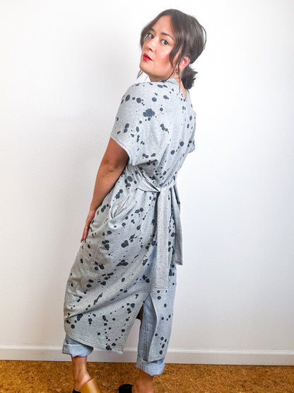 Hand-Dyed Midi Sweatshirt Tie Dress Grey Black Droplets