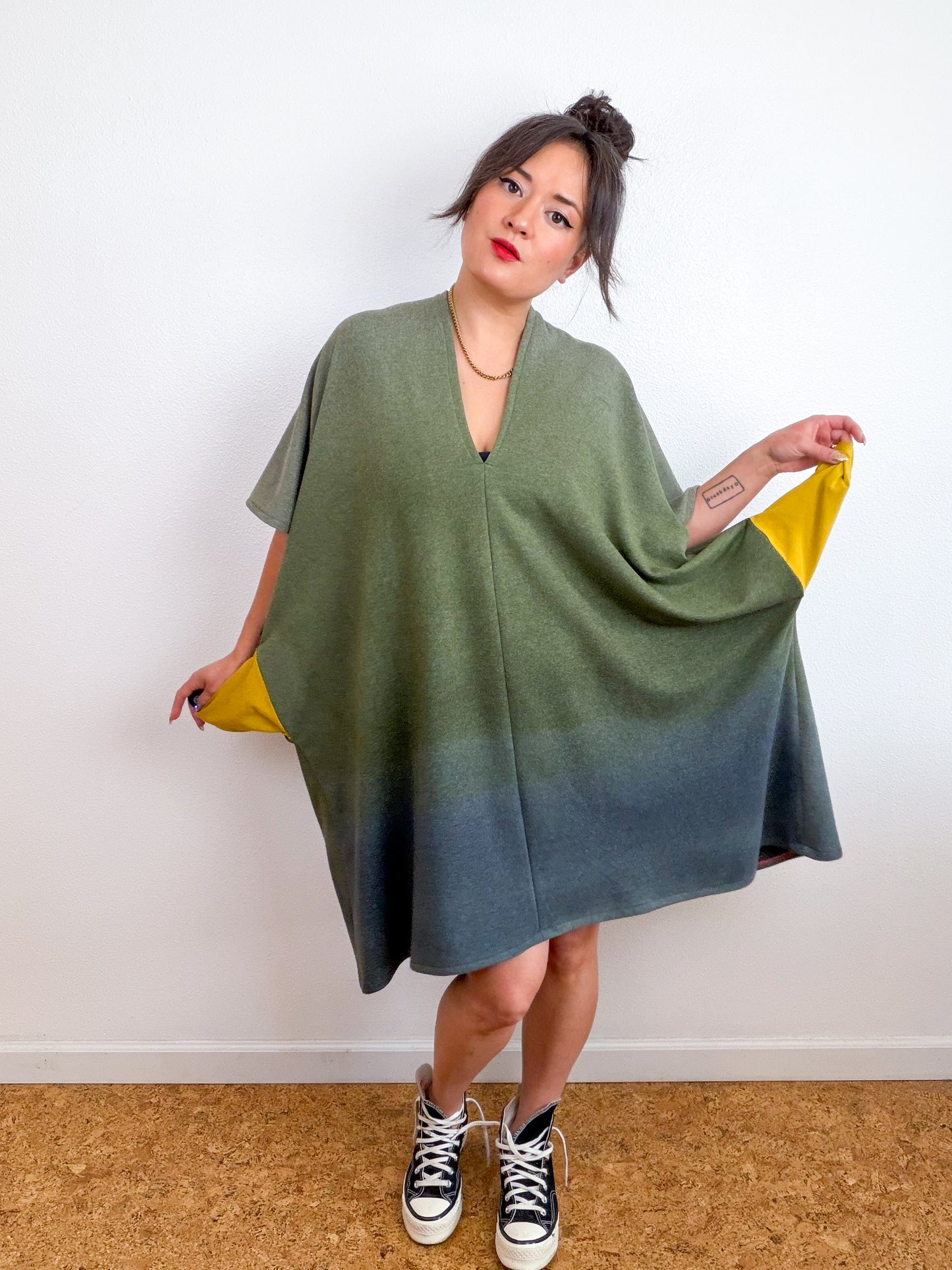 Hand-Dyed Sweatshirt Caftan Dress Olive Moss Charcoal Gradient