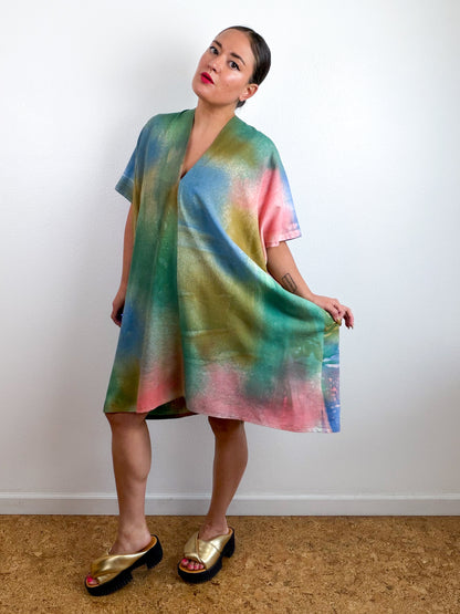 Hand-Dyed Linen Blend Caftan Dress Blue Green Bronze Coral Aura