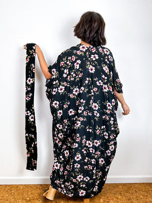 Print High Low Kimono Black Floral Challis