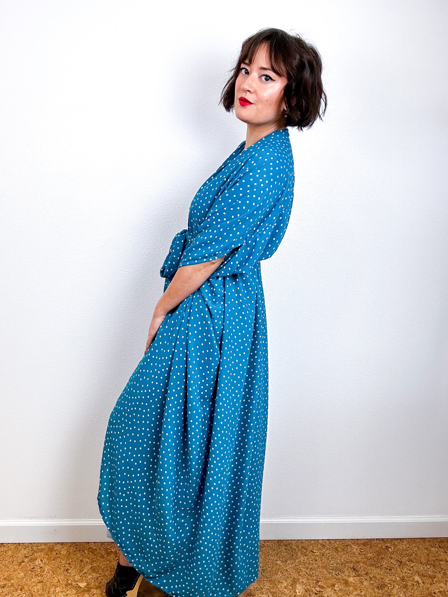 Print High Low Kimono Turquoise Dots Georgette