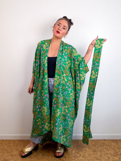 Print High Low Kimono Green Mini Floral Challis