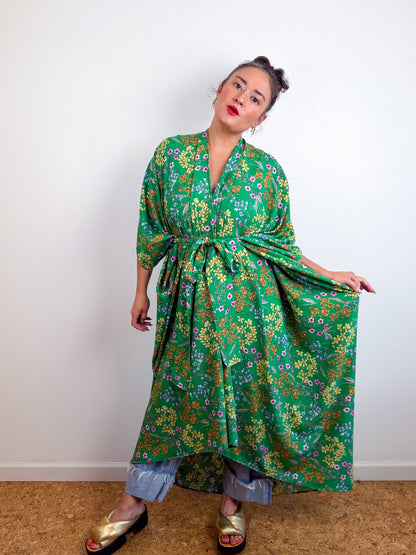 Print High Low Kimono Green Mini Floral Challis