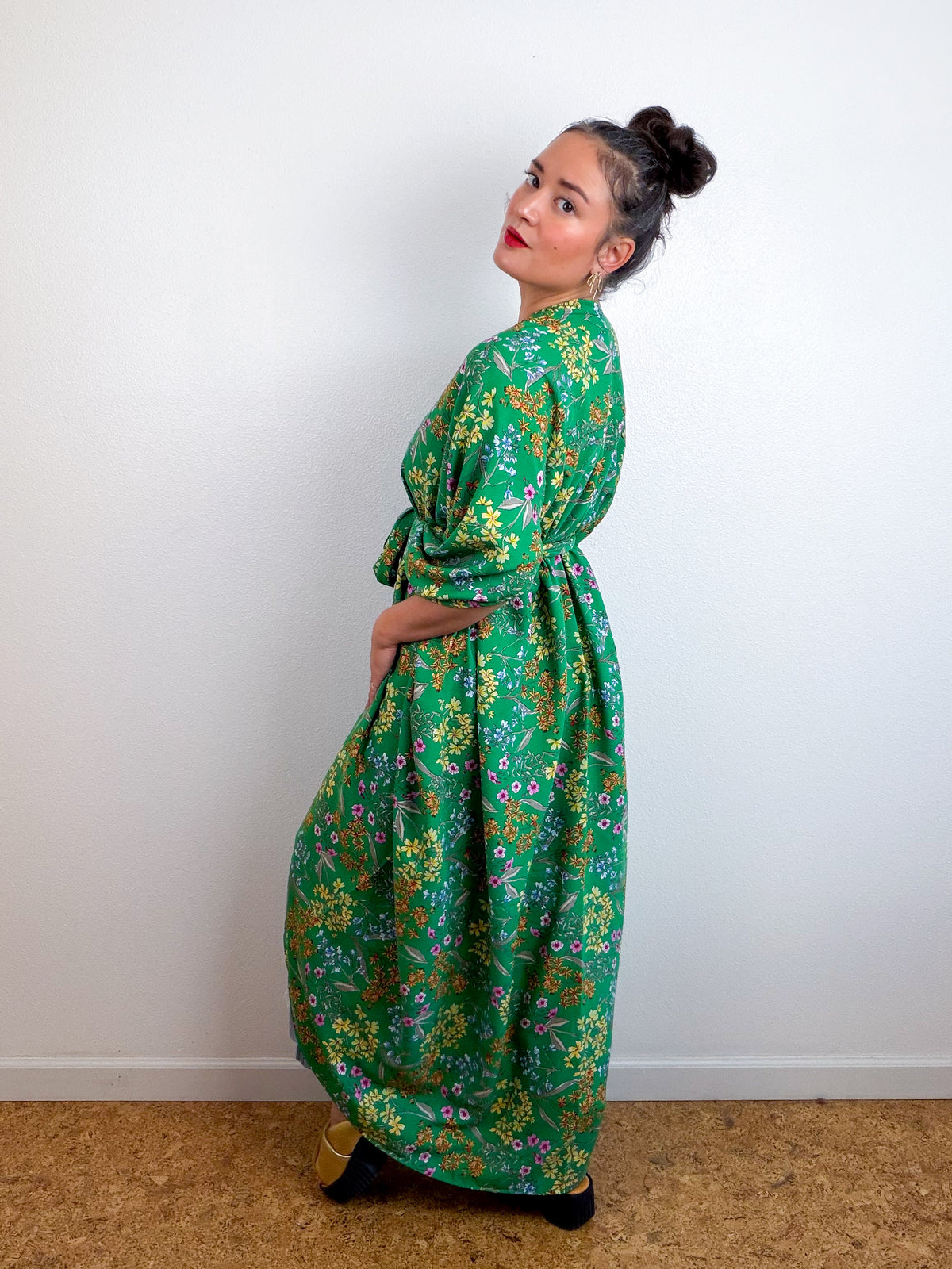 Print High Low Kimono Green Mini Floral Challis