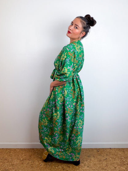 Print High Low Kimono Green Mini Floral Challis