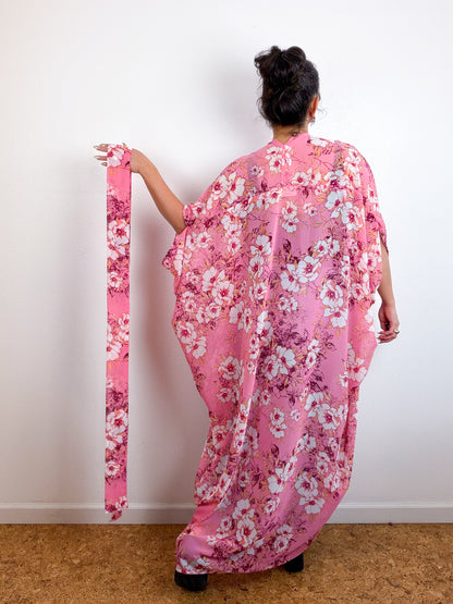 Print High Low Kimono Pink Magnolia Chiffon