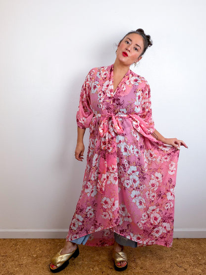 Print High Low Kimono Pink Magnolia Chiffon