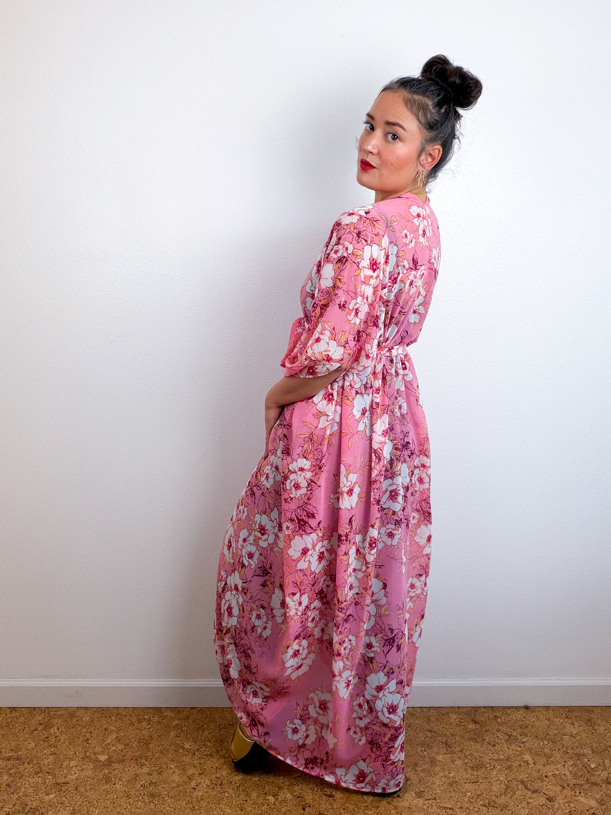 Print High Low Kimono Pink Magnolia Chiffon