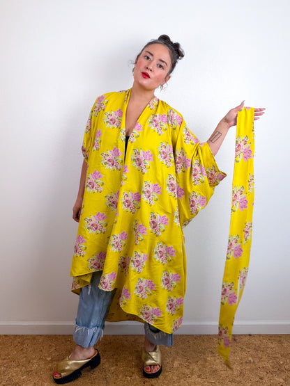 Print High Low Kimono Yellow Painted Floral Challis