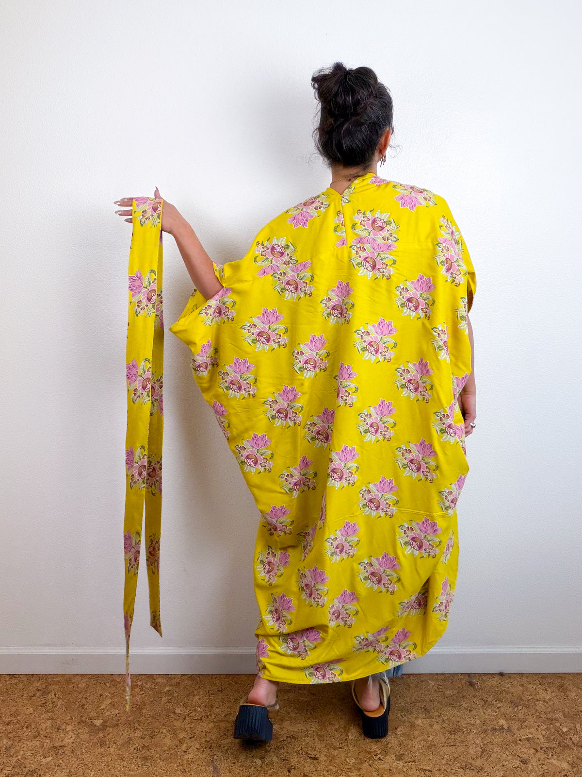 Print High Low Kimono Yellow Painted Floral Challis