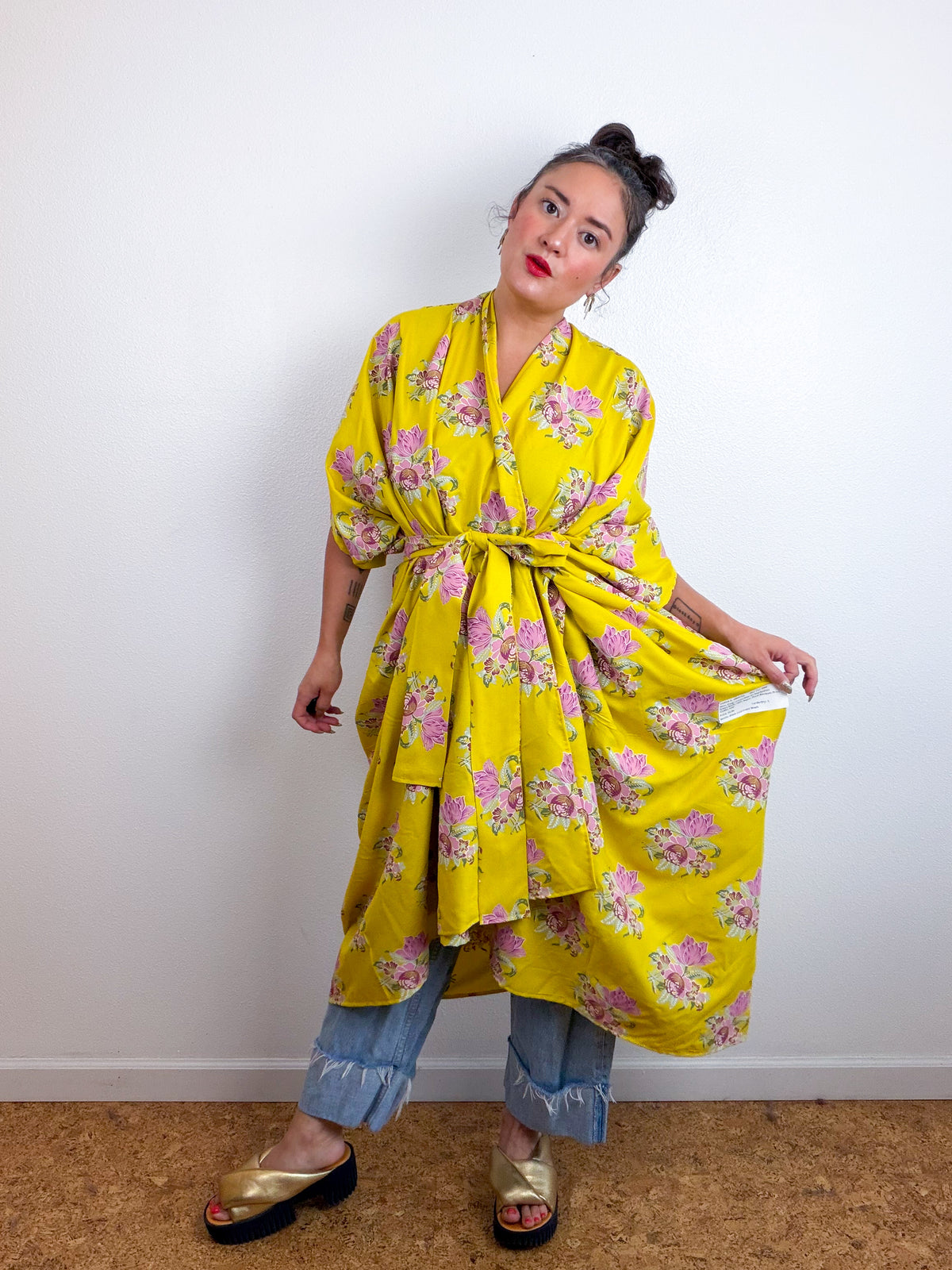Print High Low Kimono Yellow Painted Floral Challis