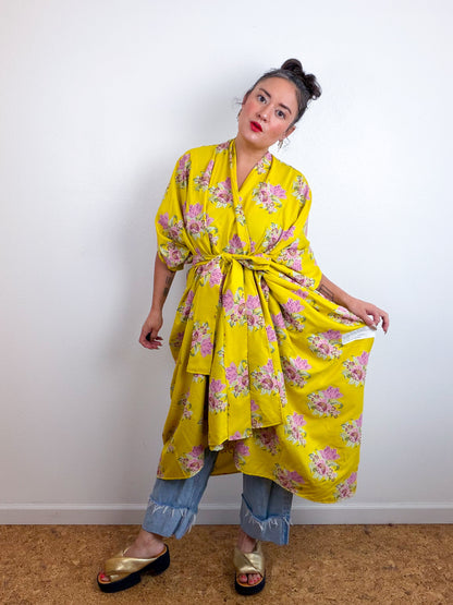 Print High Low Kimono Yellow Painted Floral Challis