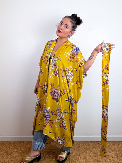 Print High Low Kimono Marigold Floral Challis