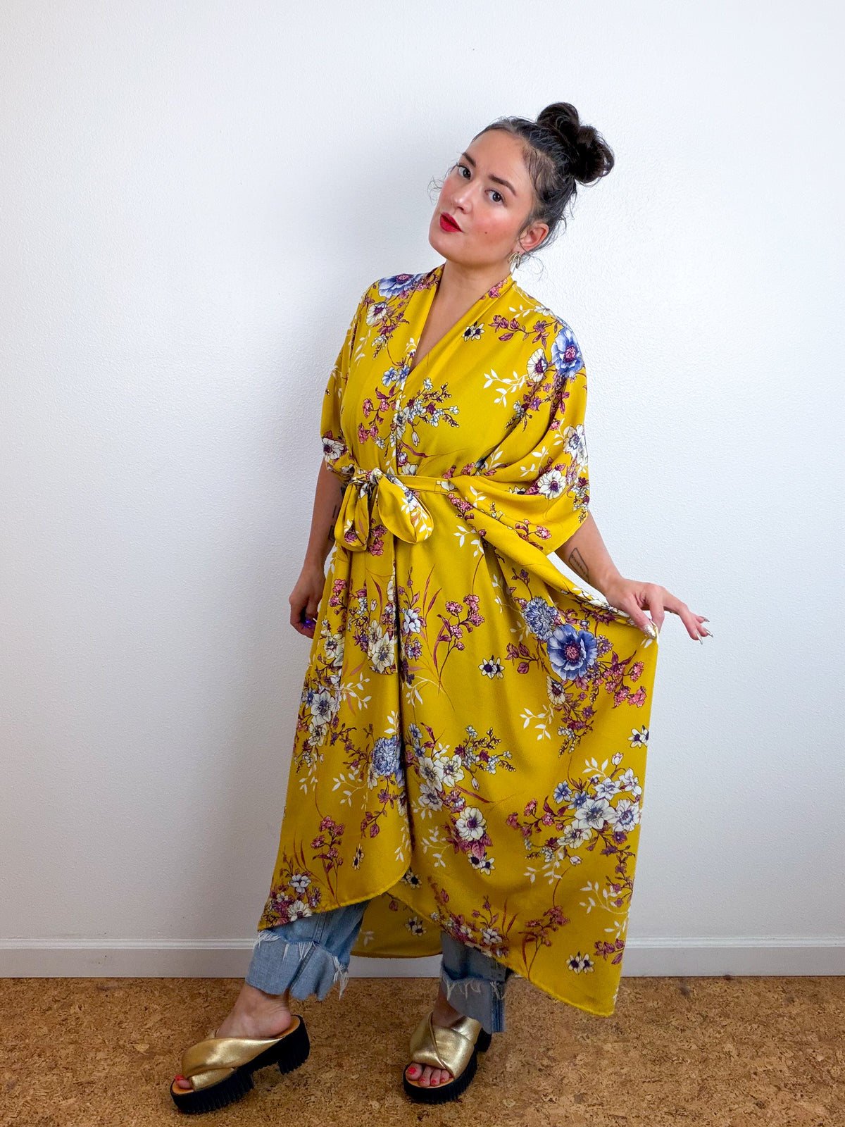 Print High Low Kimono Marigold Floral Challis