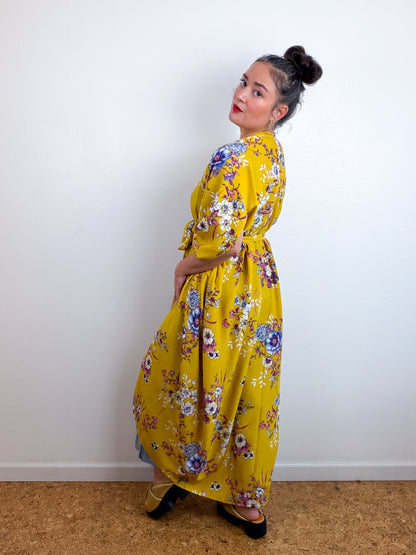 Print High Low Kimono Marigold Floral Challis