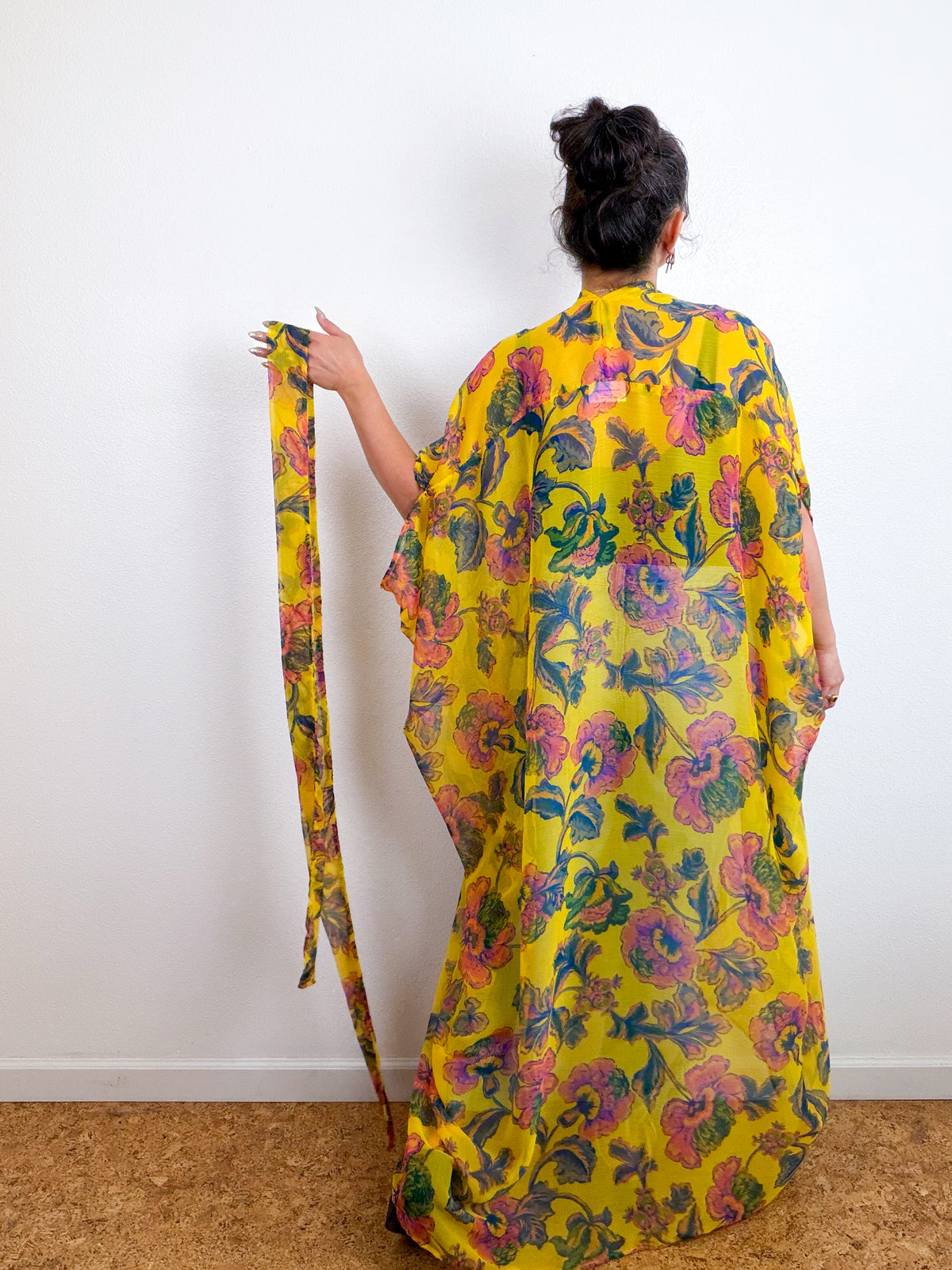Print High Low Kimono Gold Paisley Crinkle Chiffon
