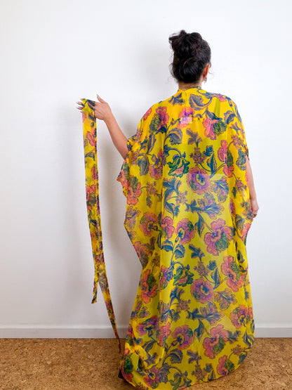 Print High Low Kimono Gold Paisley Crinkle Chiffon