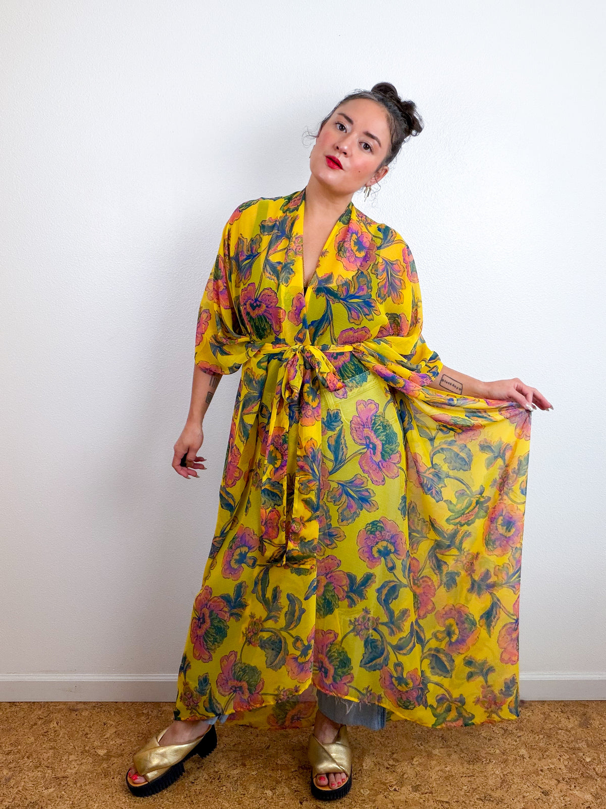 Print High Low Kimono Gold Paisley Crinkle Chiffon