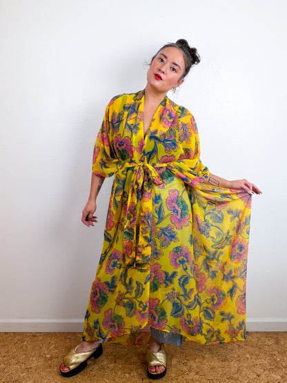 Print High Low Kimono Gold Paisley Crinkle Chiffon
