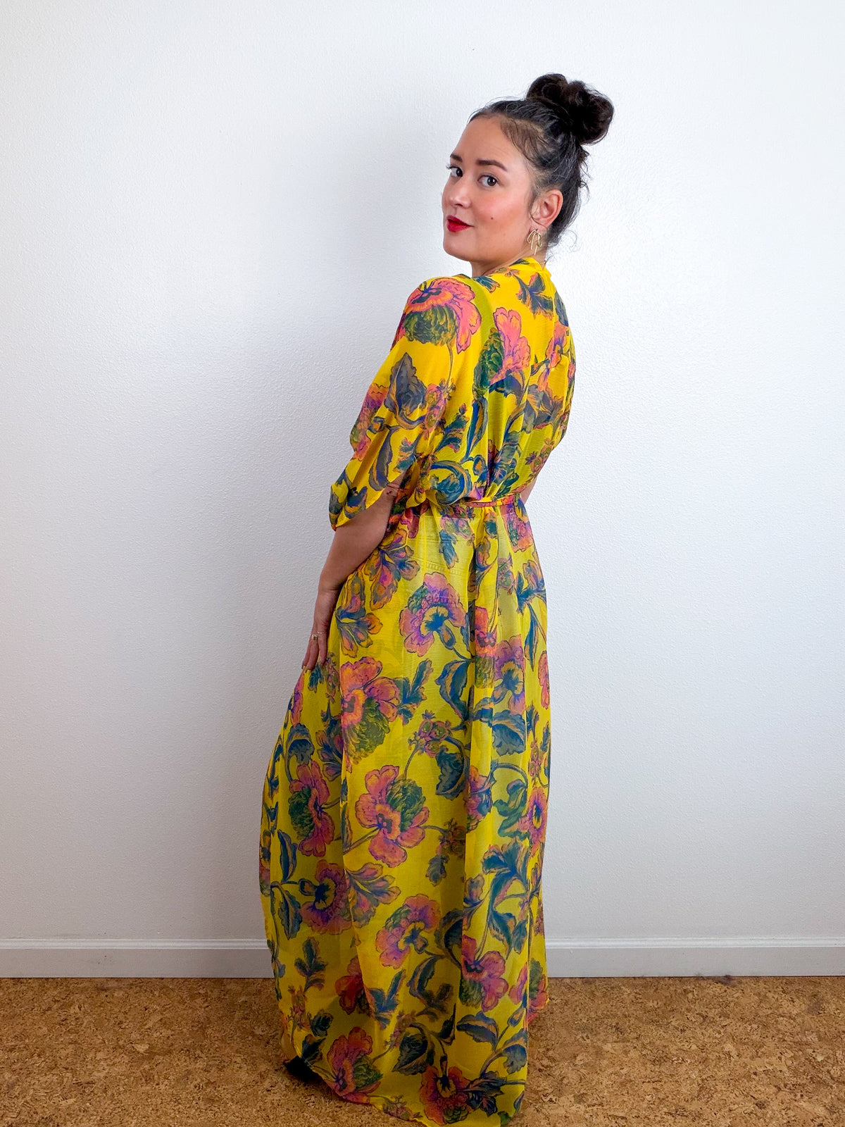 Print High Low Kimono Gold Paisley Crinkle Chiffon