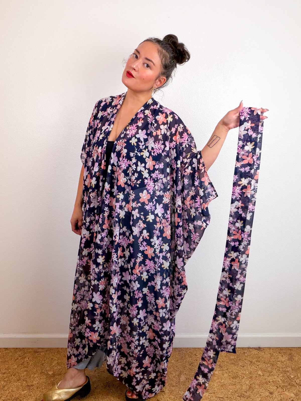 Print High Low Kimono Navy Peach Floral Chiffon