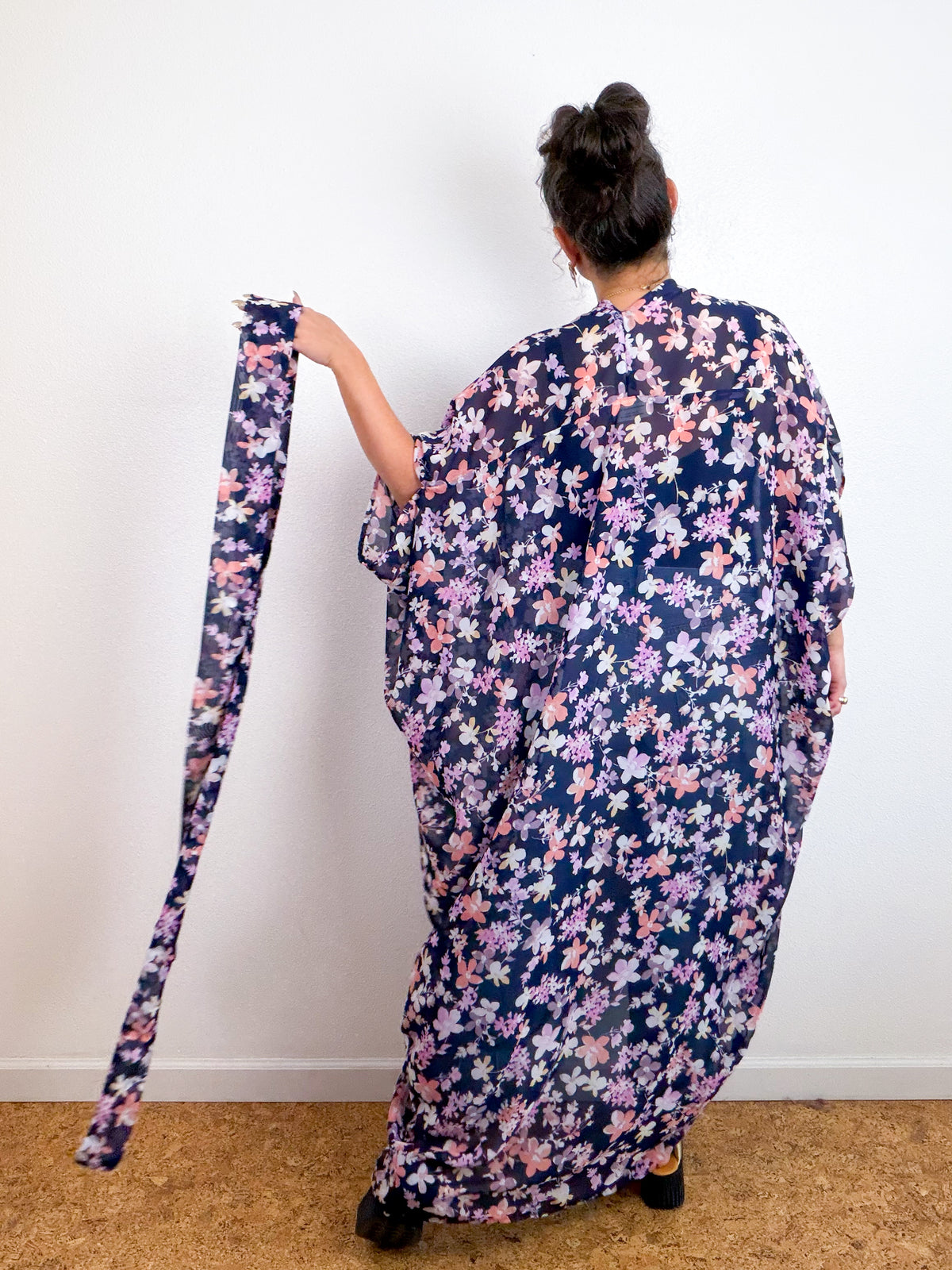Print High Low Kimono Navy Peach Floral Chiffon