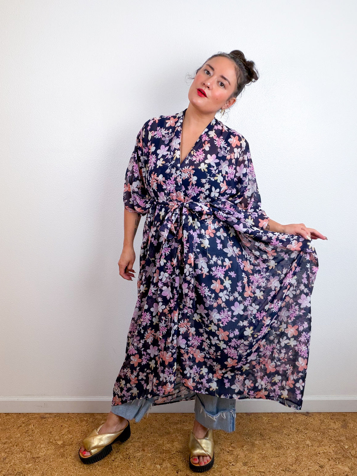 Print High Low Kimono Navy Peach Floral Chiffon