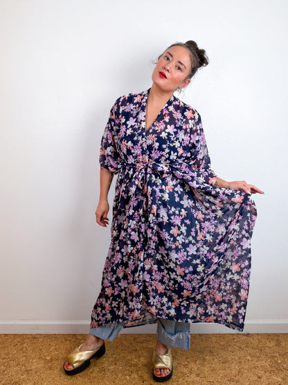 Print High Low Kimono Navy Peach Floral Chiffon