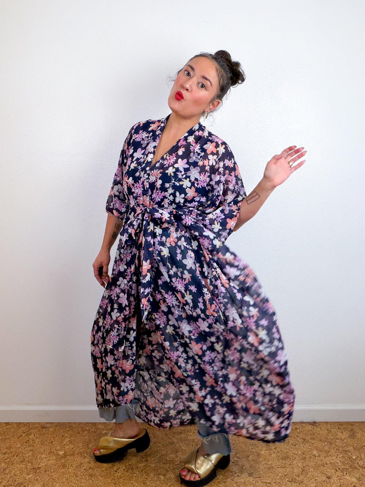 Print High Low Kimono Navy Peach Floral Chiffon